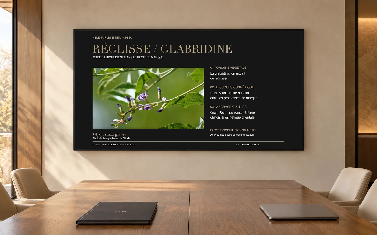 Mise en scène d’une slide sur la réglisse et la glabridine dans le récit de marque : origine végétale, discours des marques et exemple culturel concurrent Grain Rain
