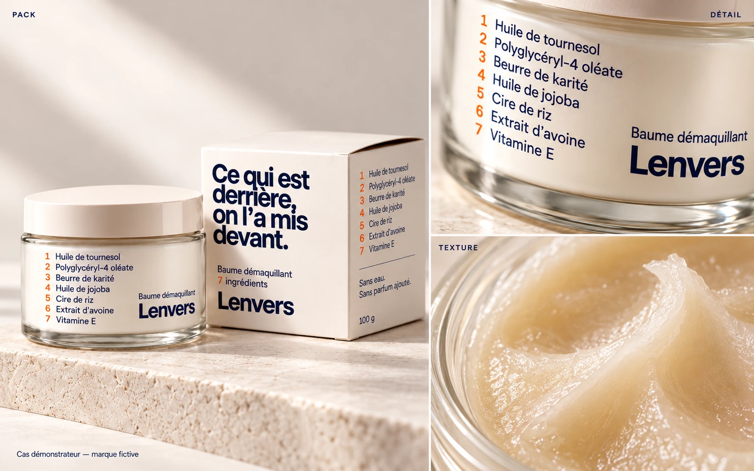 Lenvers : pack produit, détail de l'étiquette et texture du baume ; cas démonstrateur de marque fictive