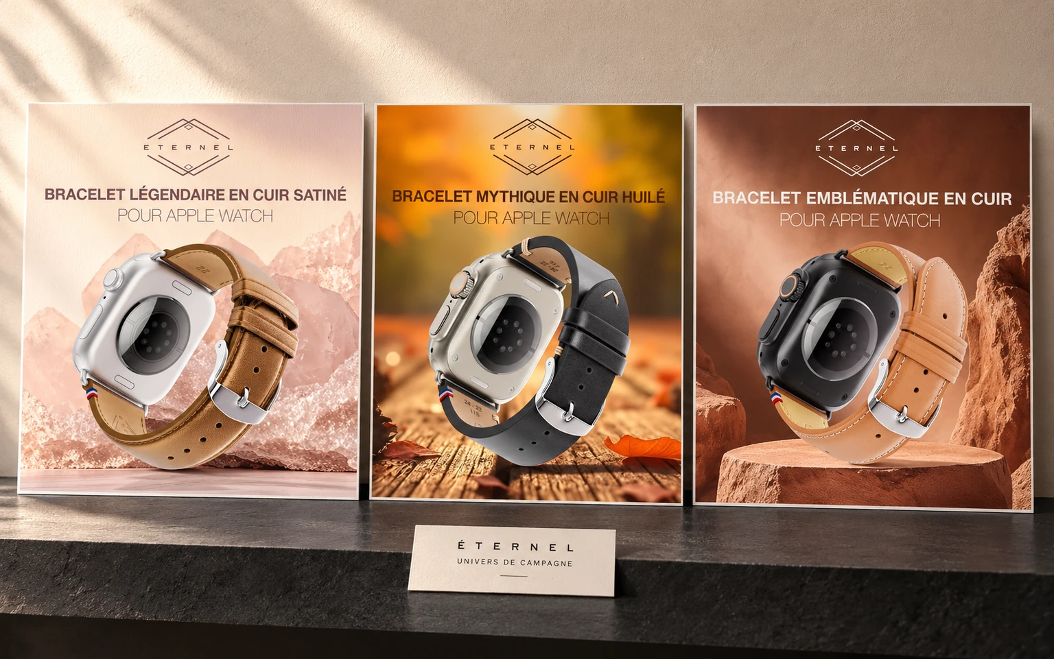 Présentation de trois univers Éternel : quartz rose, lumière automnale et canyon, avec les messages propres à chaque bracelet