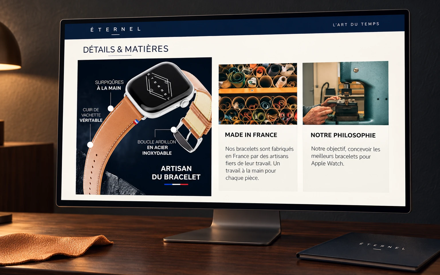 Mise en présentation sur écran des assets e-retail Éternel : détails du bracelet, matières et récit du savoir-faire