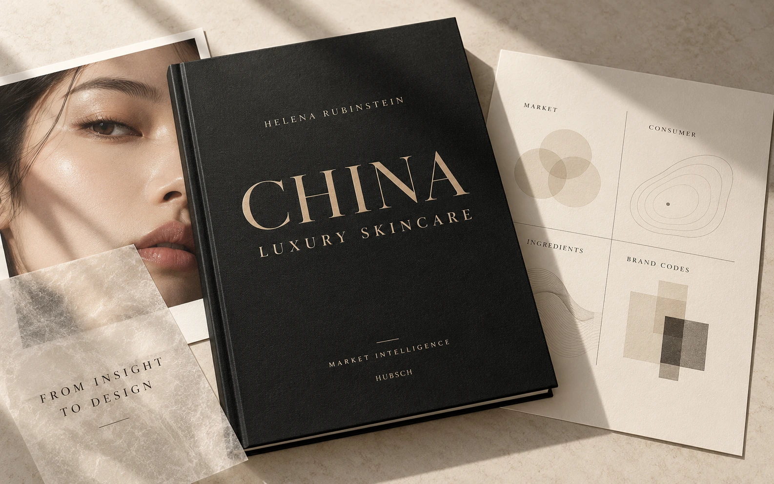 Mise en scène du dossier Helena Rubinstein consacré au soin de luxe en Chine