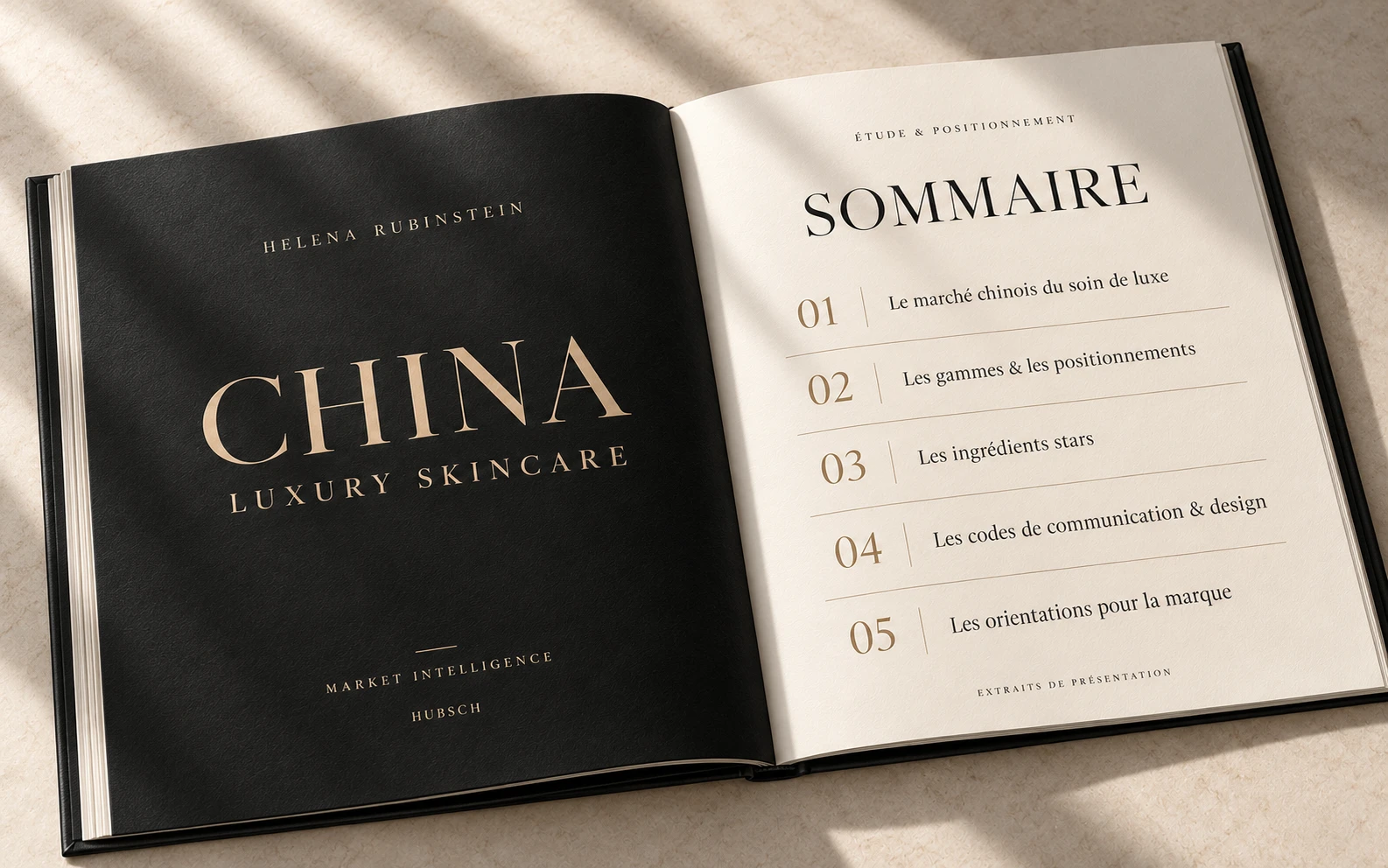Livre ouvert présentant les cinq axes de l’étude : marché, gammes, ingrédients, communication et orientations